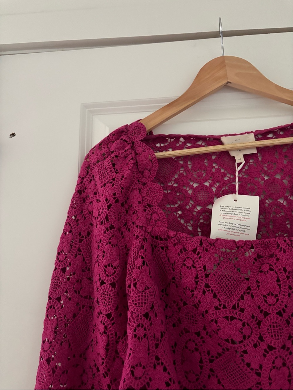 NWT Sezane Alvere Guipre Lace Square Neck Top Blouse Fuschia 8 - Picture 5 of 9
